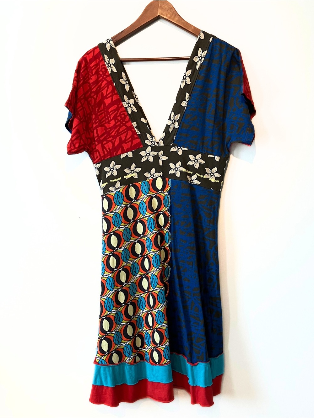 Desigual V‑Neck Midi Dress in Red, Blue, Yellow, Green - Picture 3 of 5